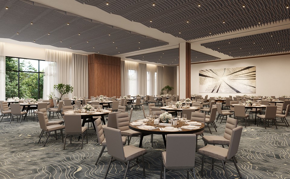 a large room with tables and chairs