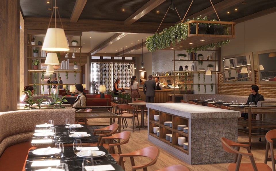 a restaurant with people in the background
