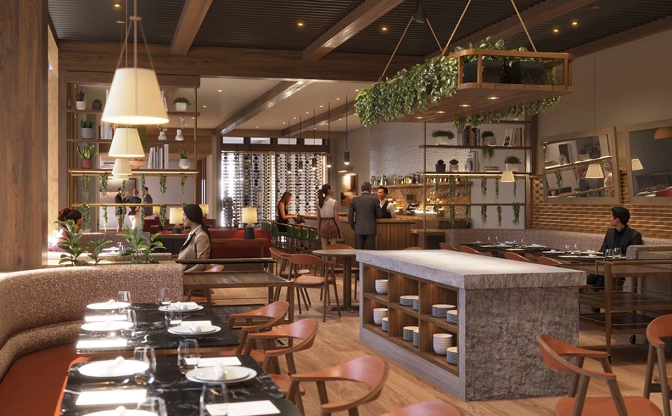 a restaurant with people in the background