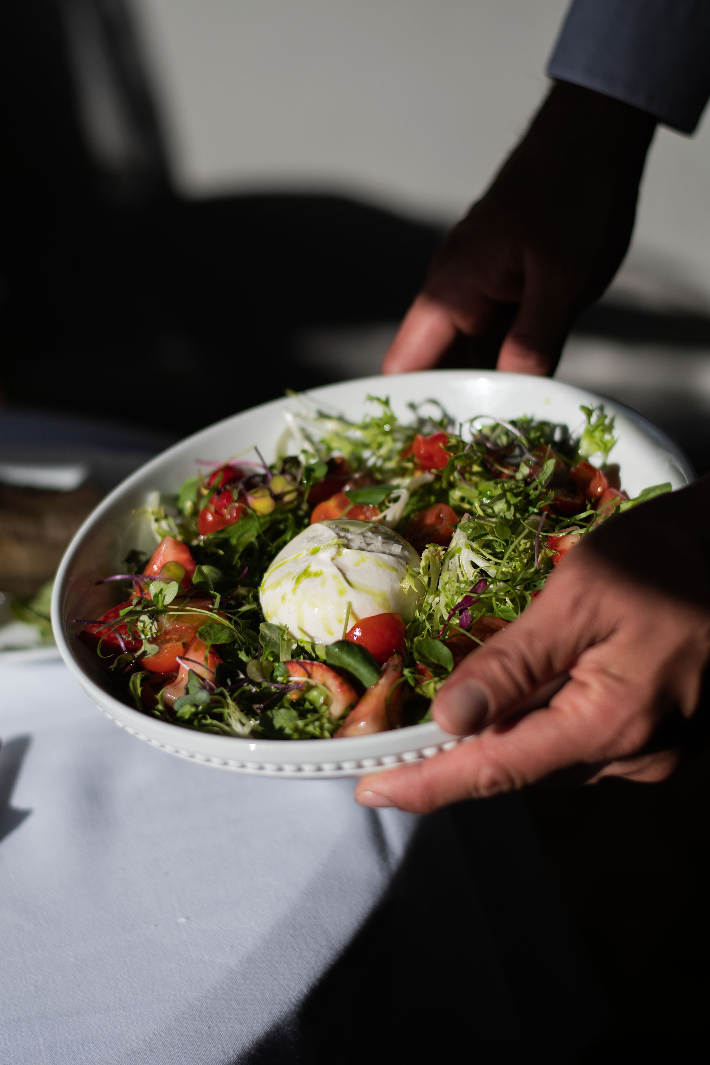 a person holding a bowl of salad