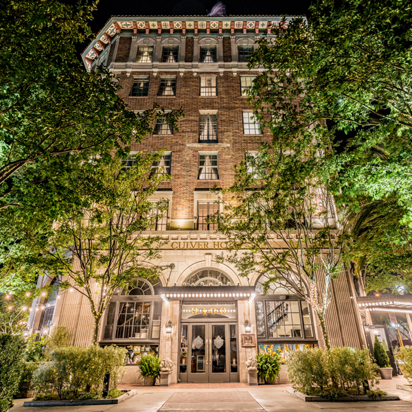 Hotel building exterior at night