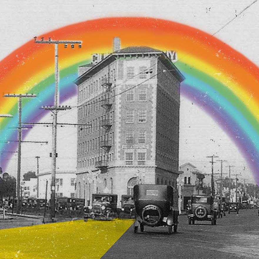 a rainbow over a building