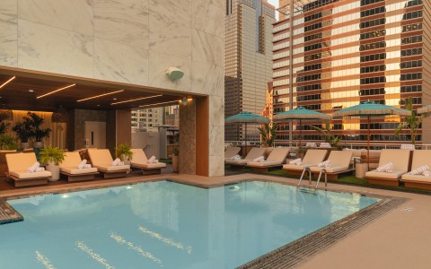 a pool with lounge chairs and umbrellas on a rooftop