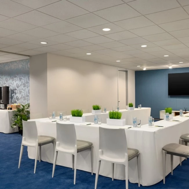A meeting room with white tables and chairs, blue carpet, and a TV screen