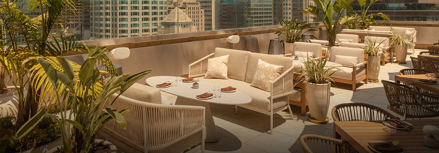 A rooftop bar with outdoor seating, plants, and a city view.