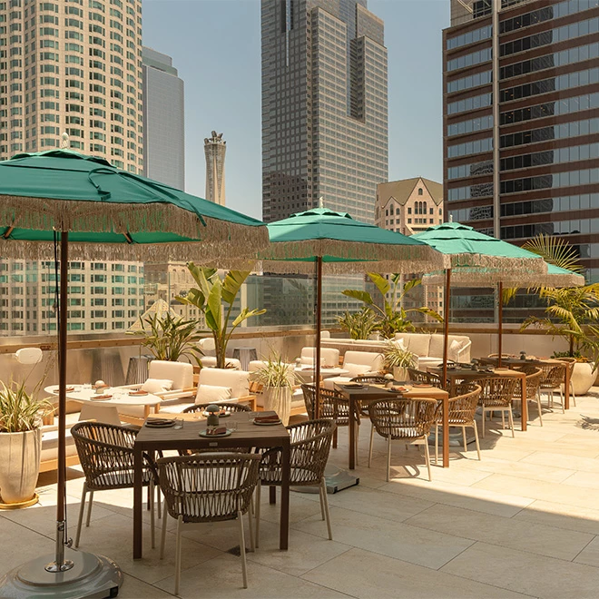 A rooftop bar with outdoor seating, umbrellas, and plants overlooking the city.