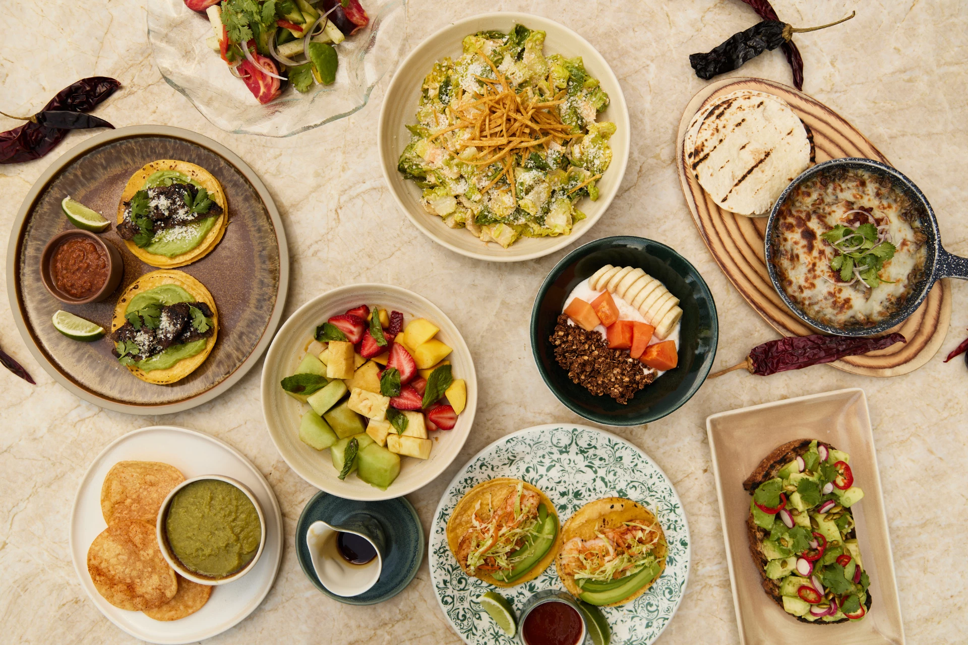 A variety of dishes arranged on a table