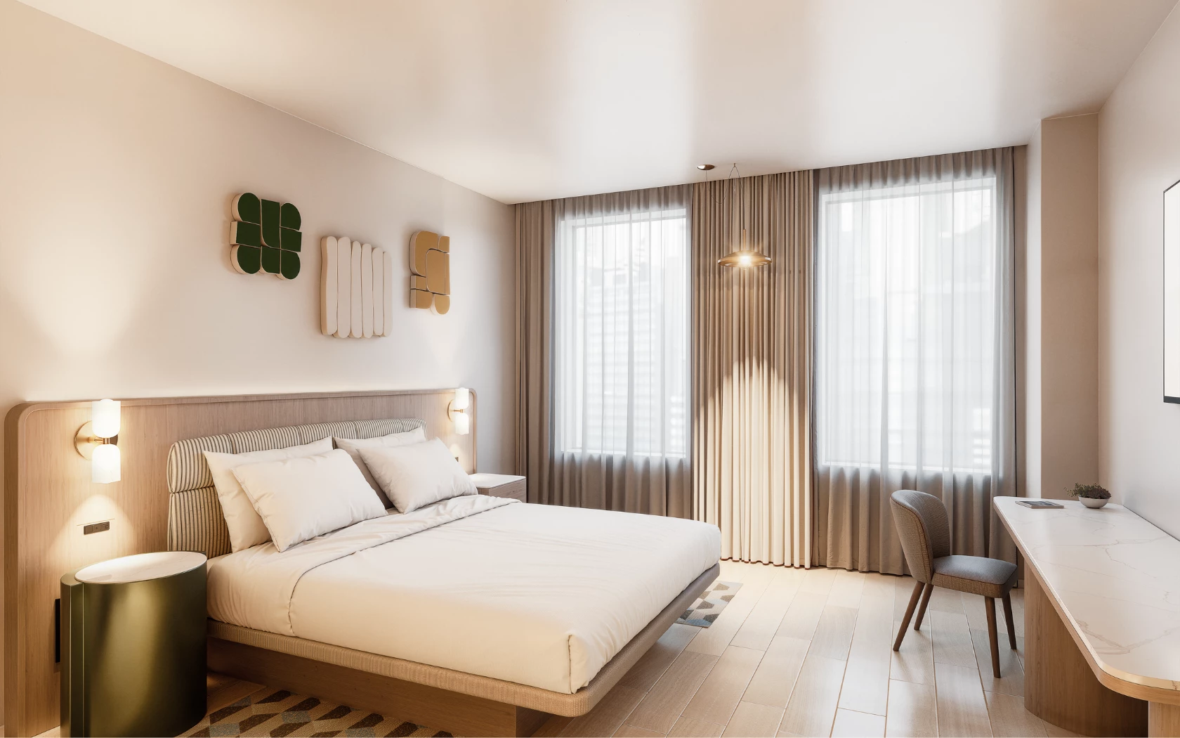 A modern hotel room with a large bed, desk, chair, and window