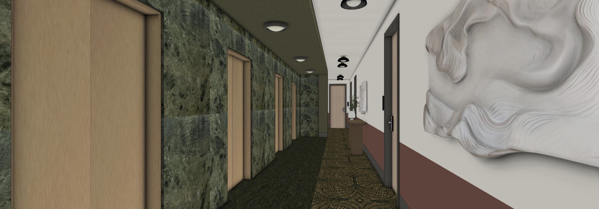 a hallway with doors and a table