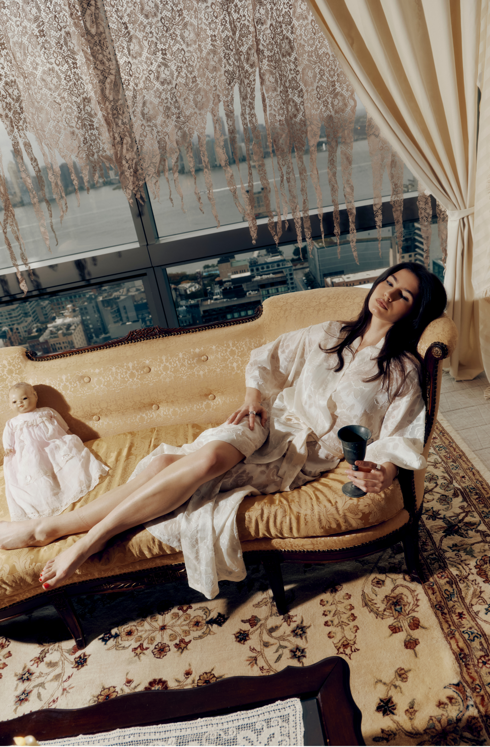 a woman lying on a couch