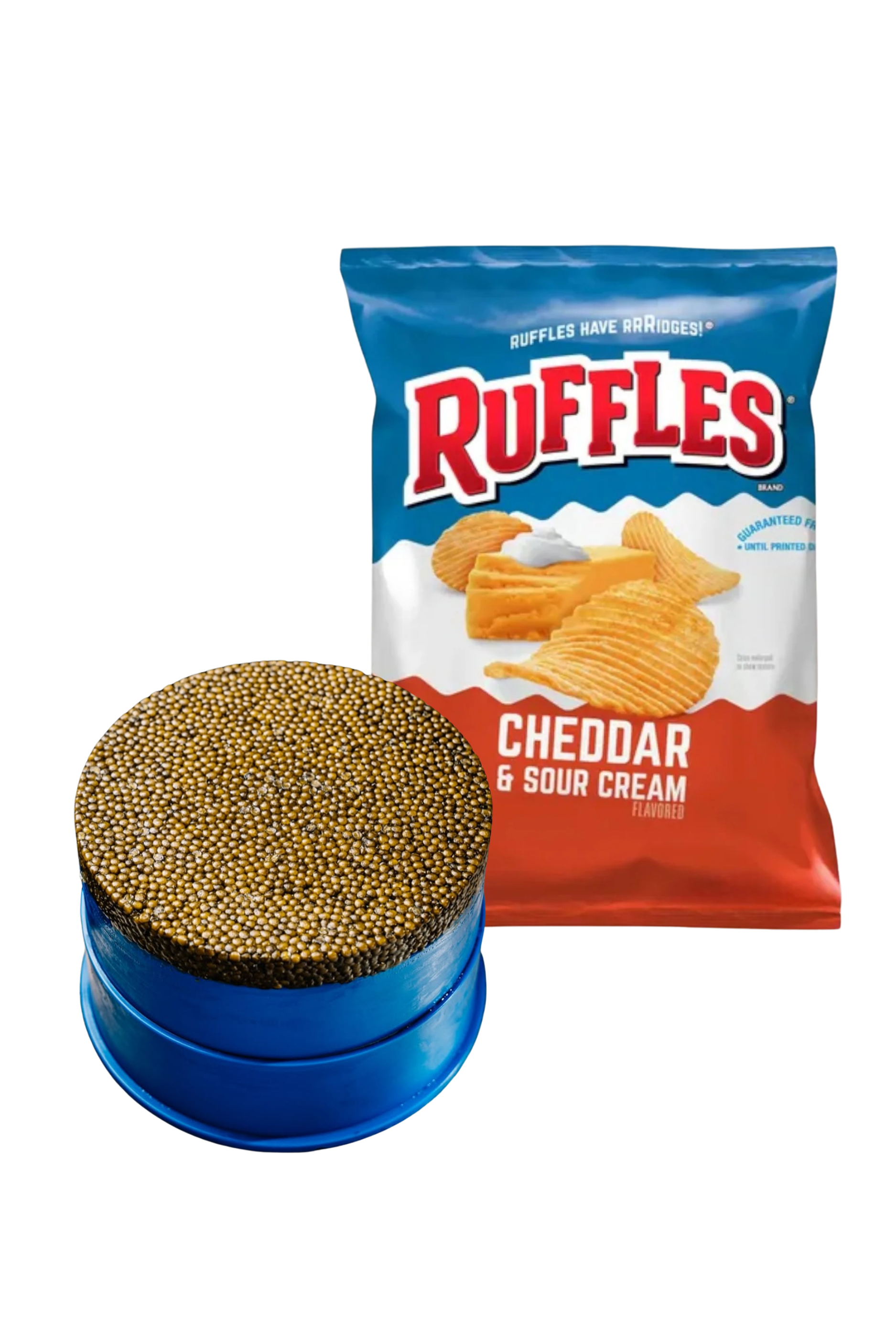 a blue container with a round object next to a bag of chips