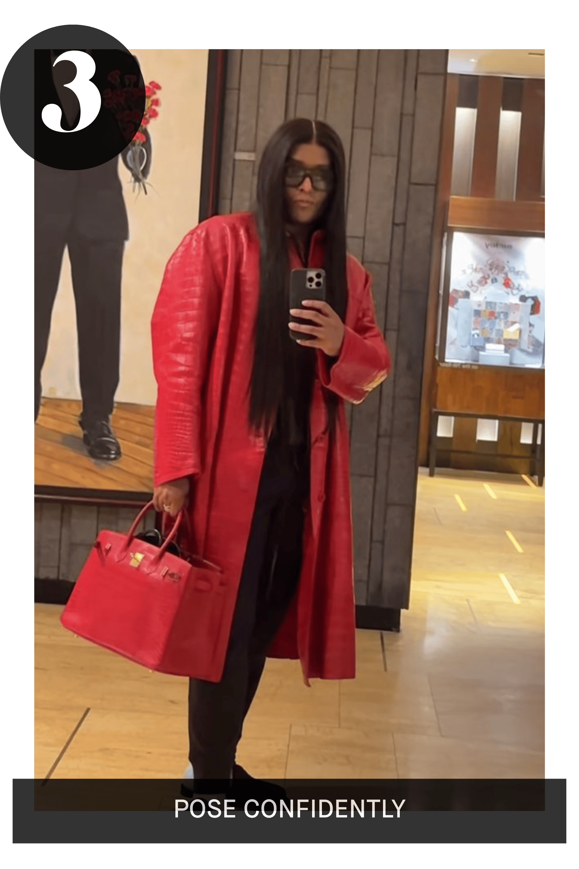 a woman in a red coat holding a purse