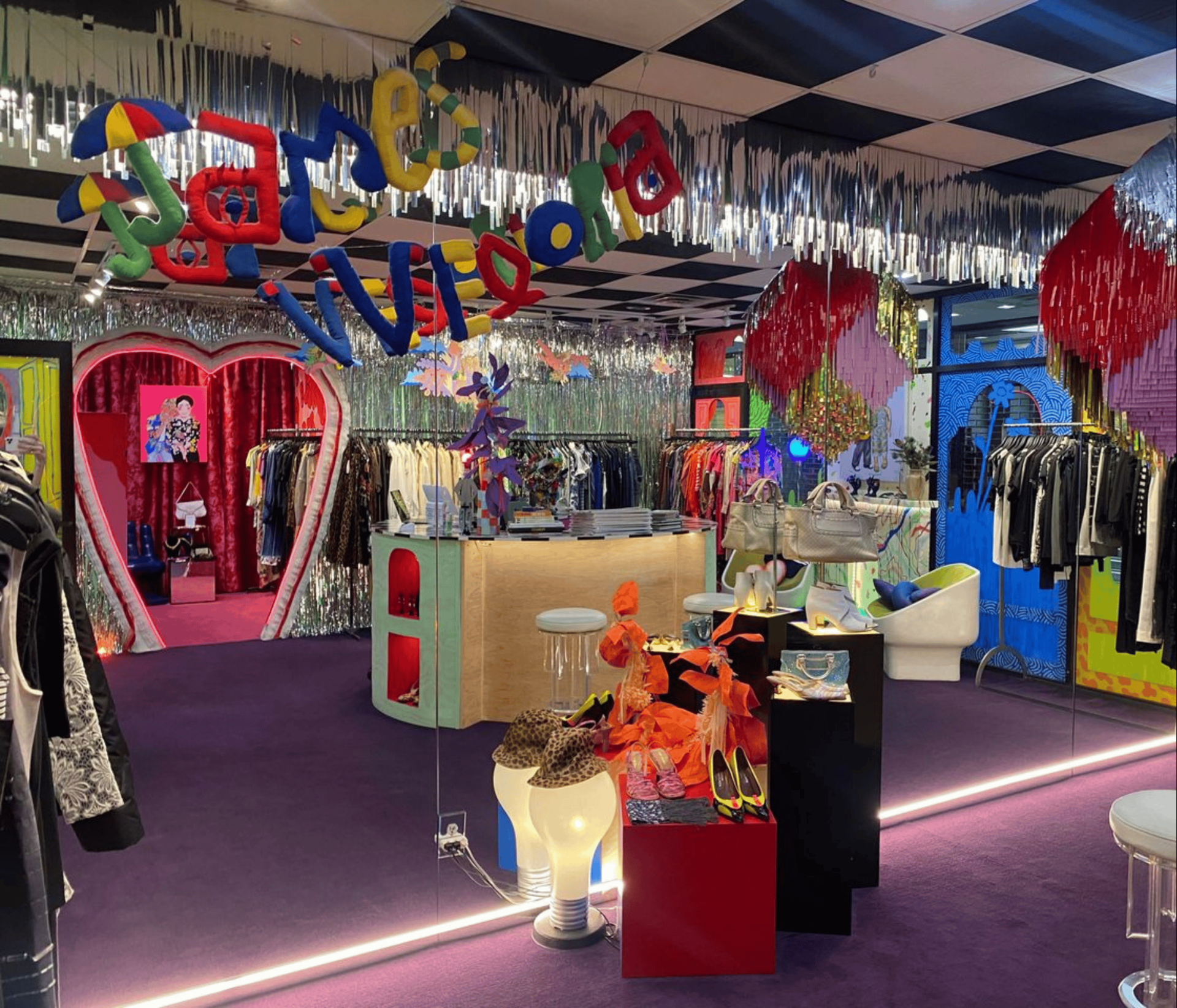 a store with a variety of clothes and decorations