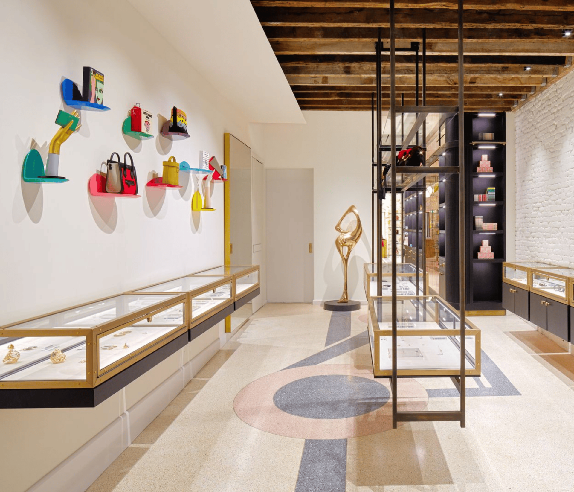 a room with a display case and shelves