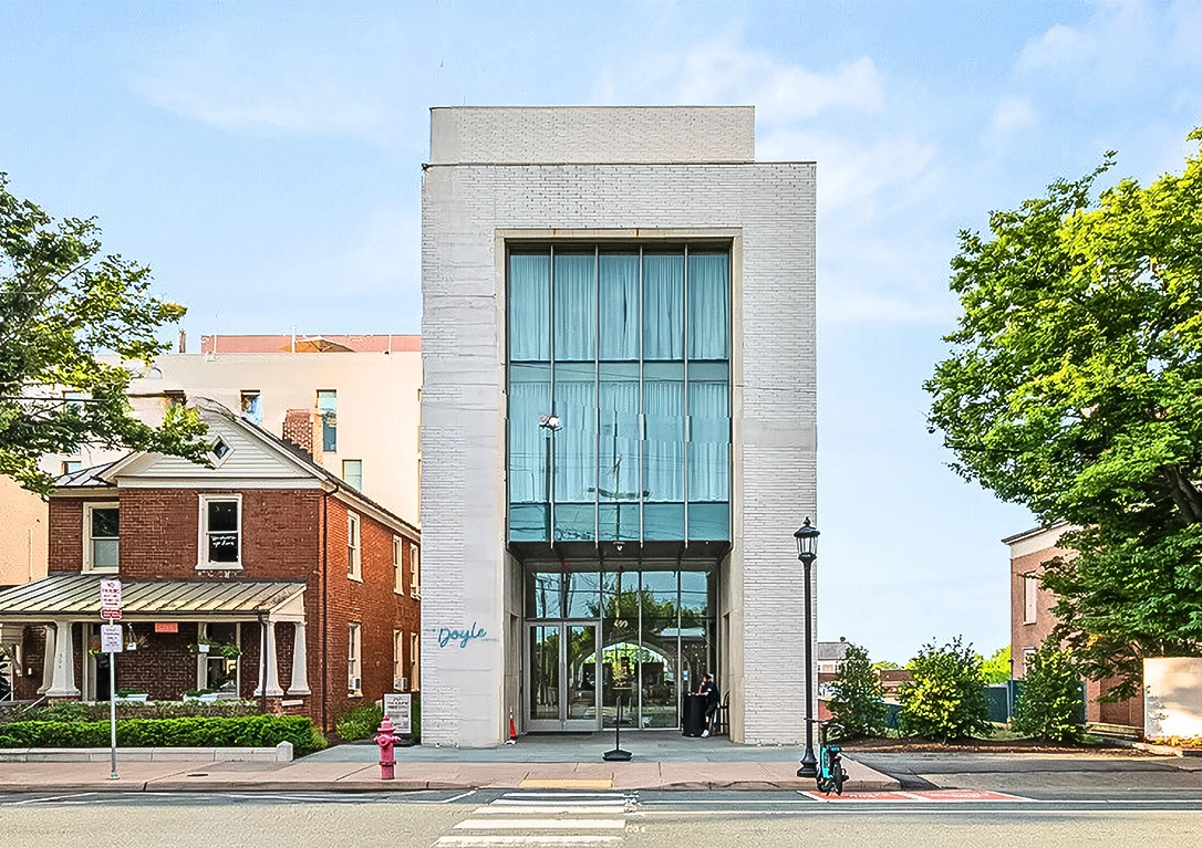 a building with glass doors