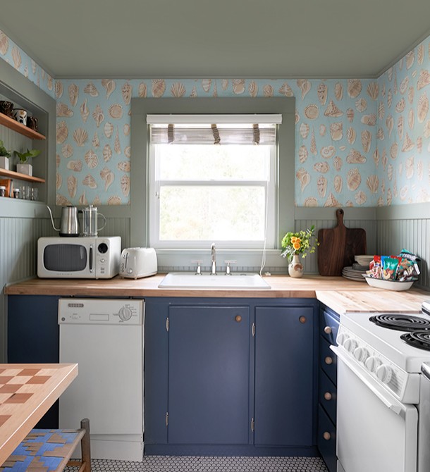 A small kitchen with appliances and wallpaper with seashells on it.