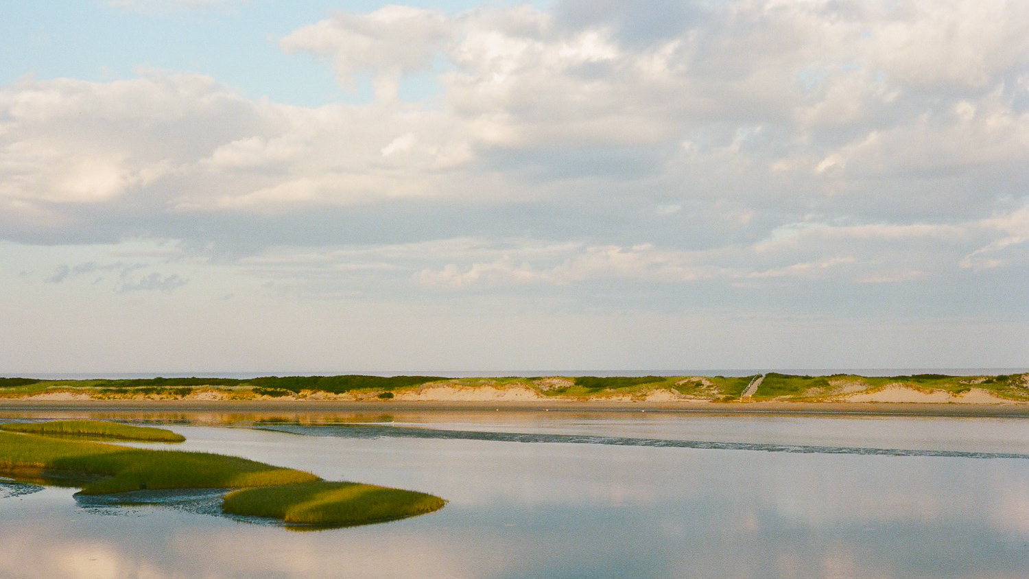 a body of water with grass and sand