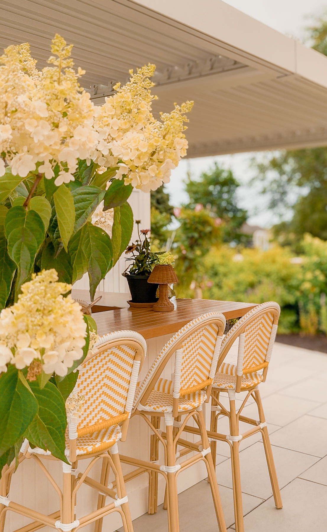 a table with chairs and flowers on it