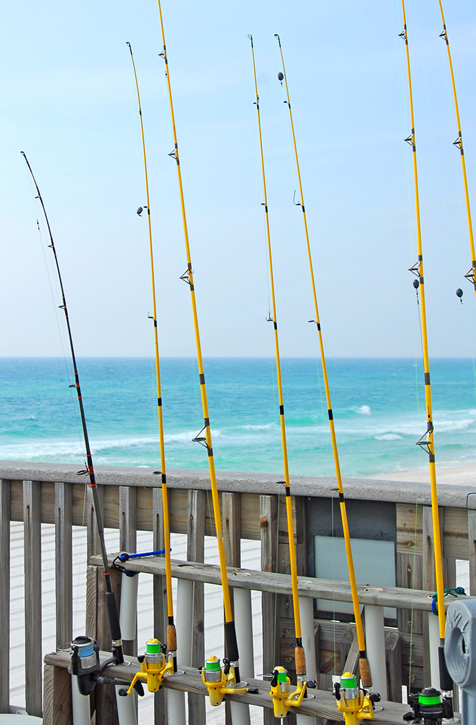 a group of fishing poles on a wooden railing