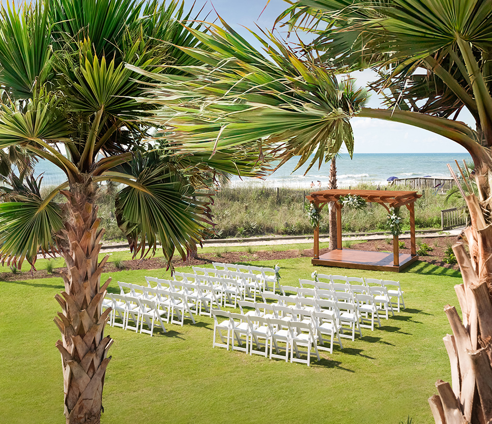 a wedding ceremony set up in a grassy area with palm trees