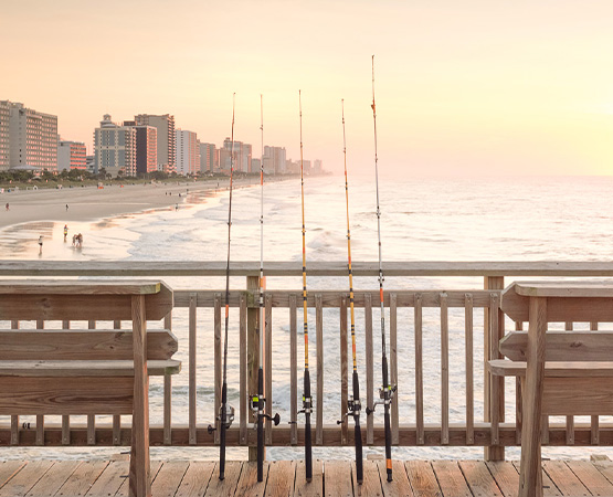 a group of fishing poles on a deck overlooking a beach
