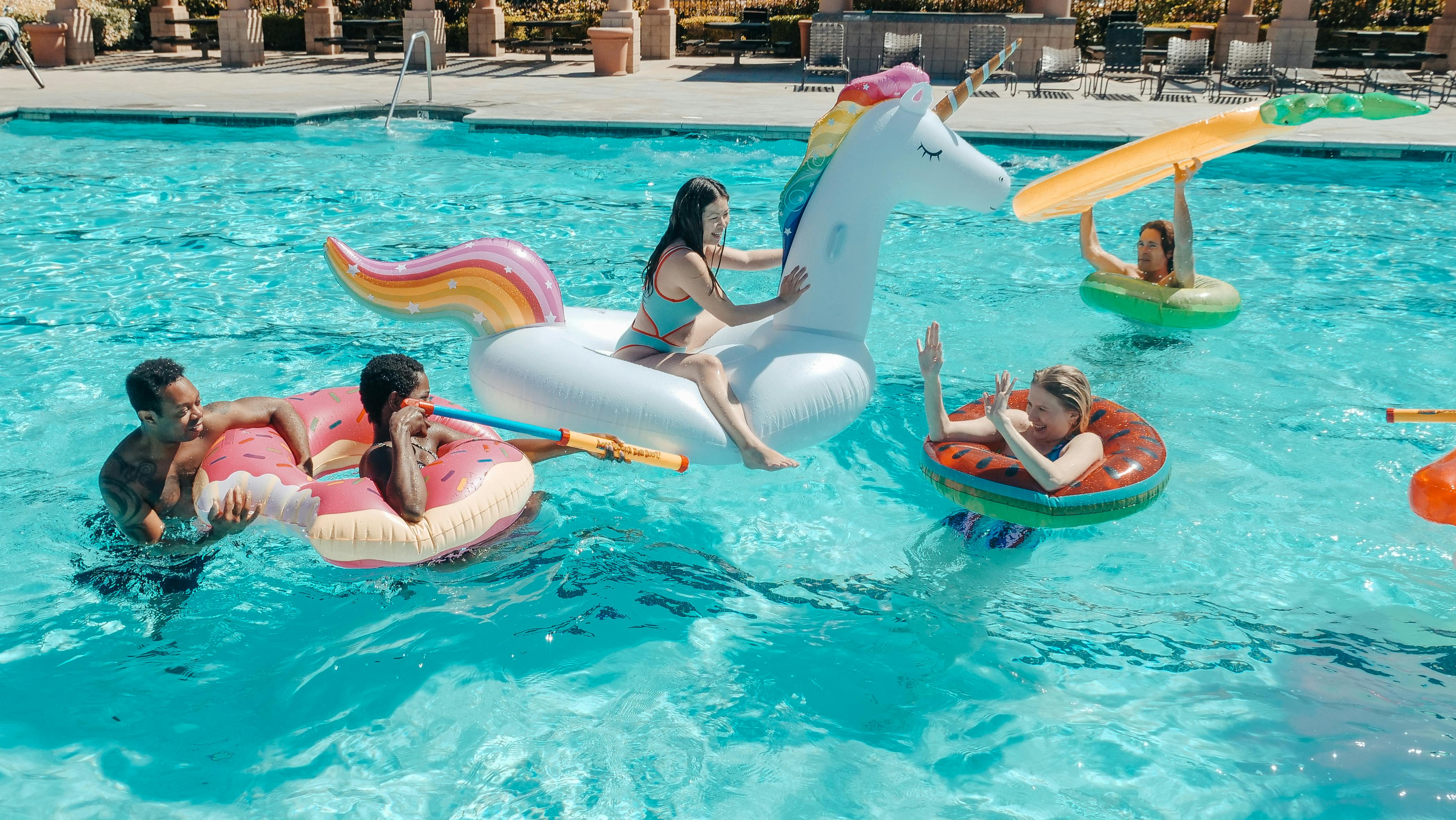 a group of people in a pool