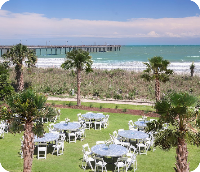 a group of tables and chairs in a grassy area with palm trees and a pier in the background