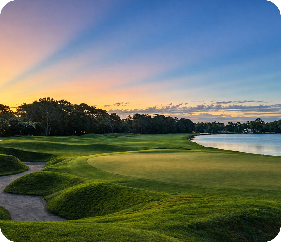 a golf course with a body of water and trees