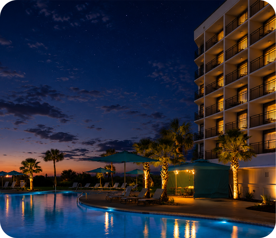 a pool with palm trees and a building with a blue sky