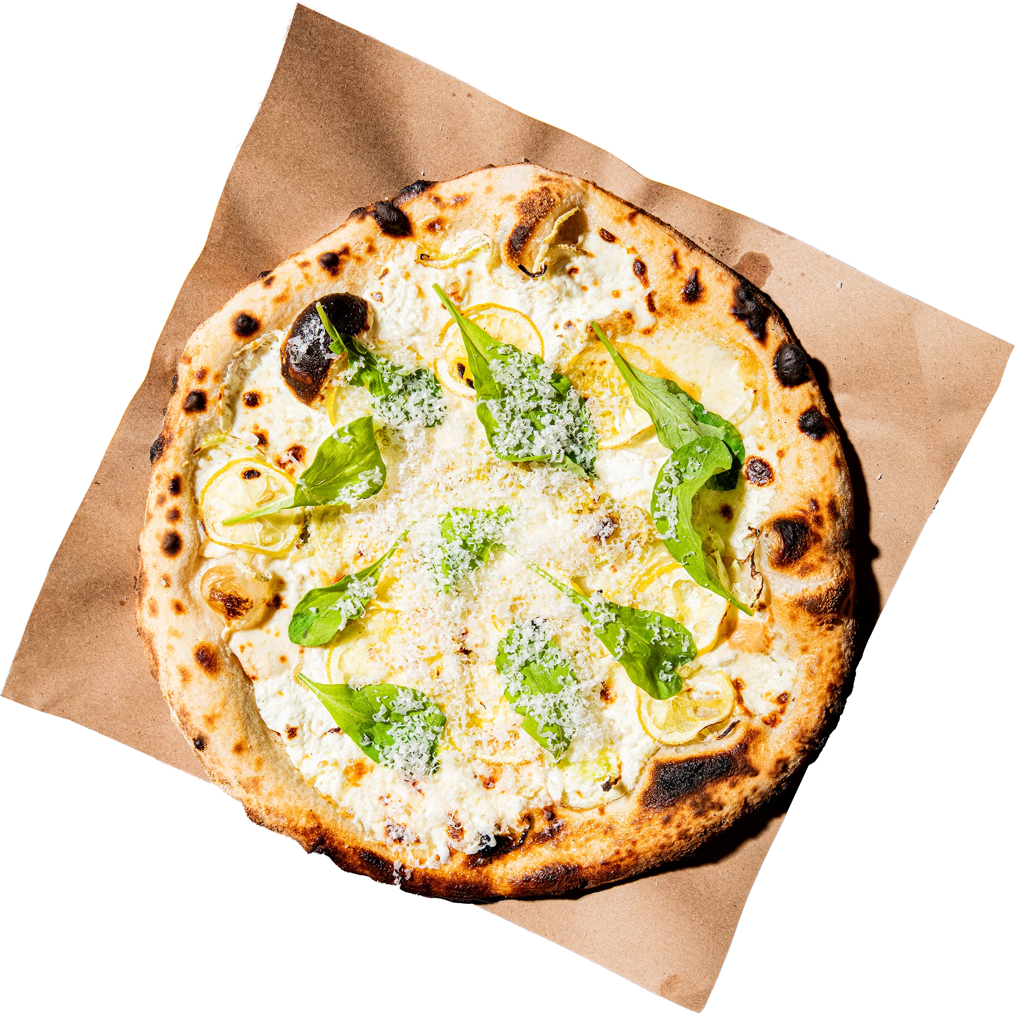 a pizza on a brown napkin