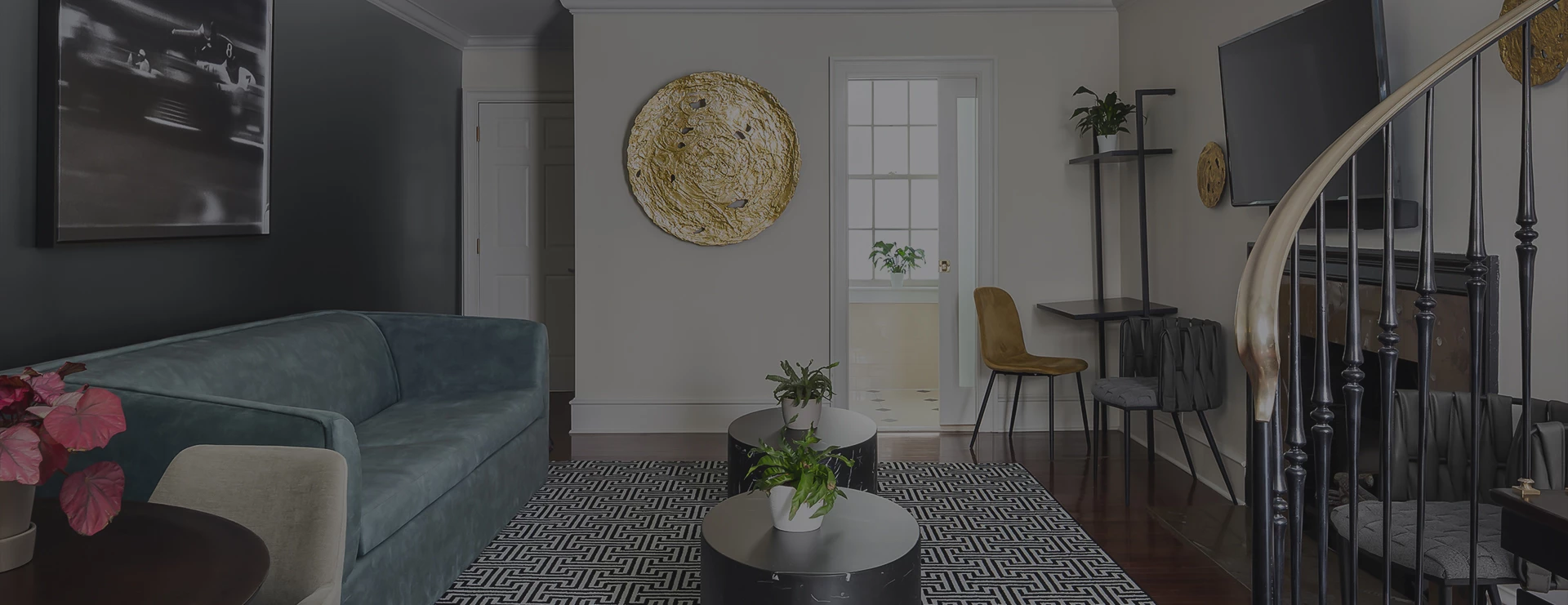 a living room with a couch and a table