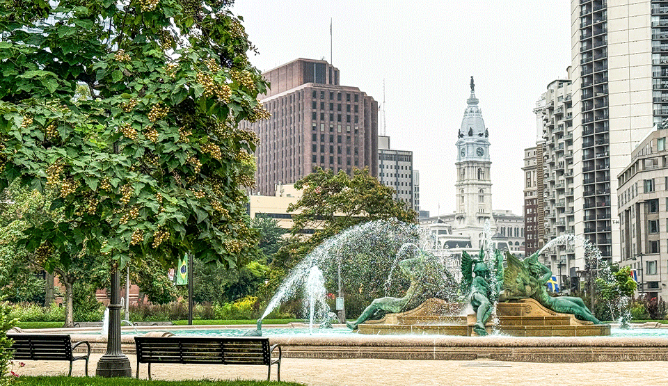 Post image for a fountain in a park with a bench and a tree in front of it