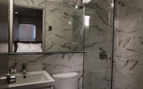 A bathroom with marble walls, a glass-enclosed shower, a single vanity sink, and a toilet.