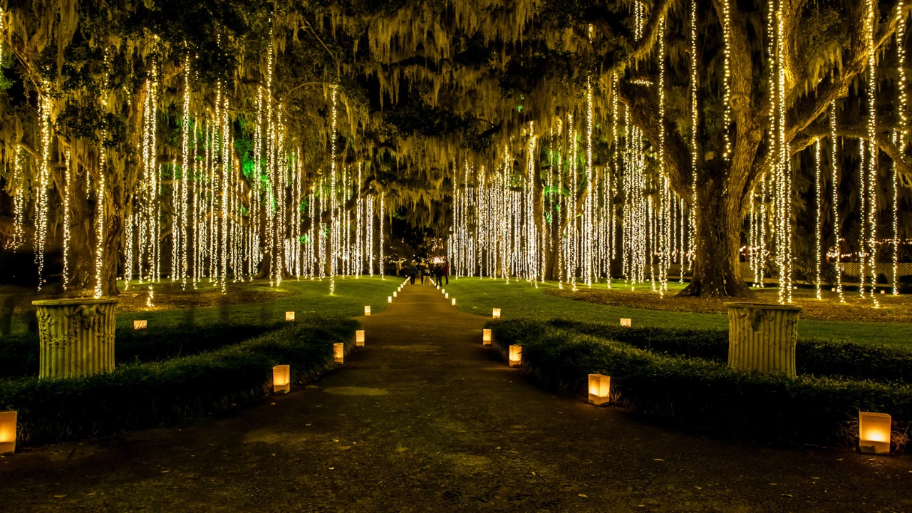a path with lights from trees