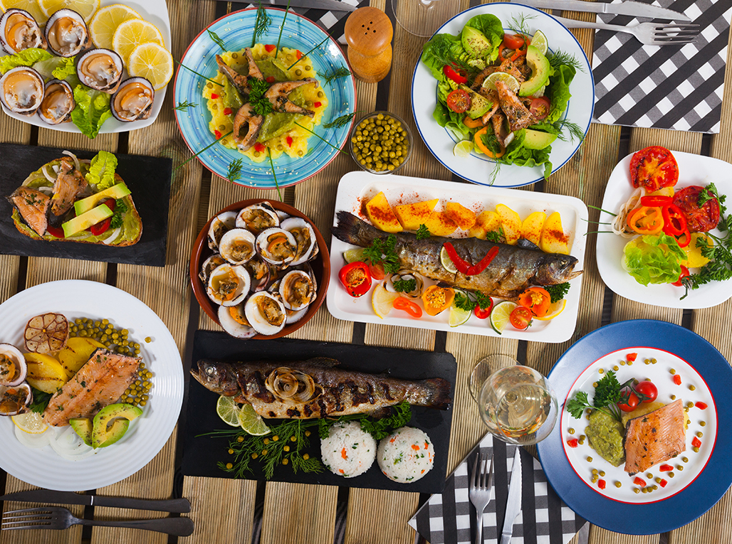 a table with plates of food