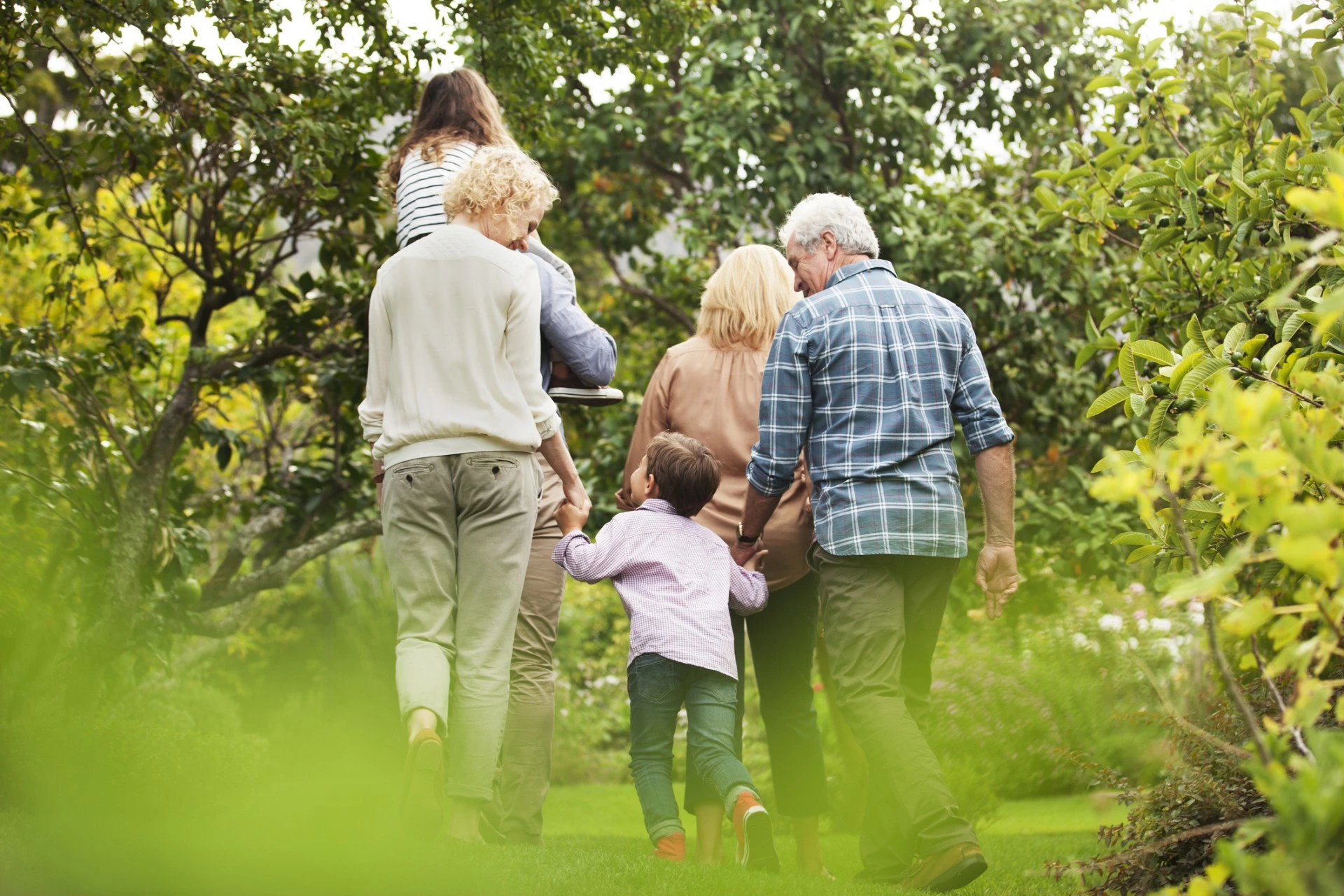 a group of people walking in a park