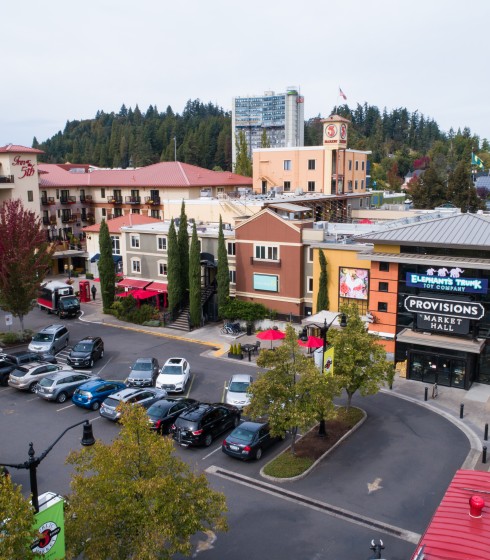 View of the 5th Street Public Market Core from above where you can see the shops in the Market Core as well as Inn at the 5th