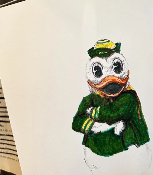 a drawing of a duck wearing a green uniform