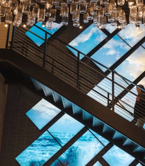 a person walking up a staircase