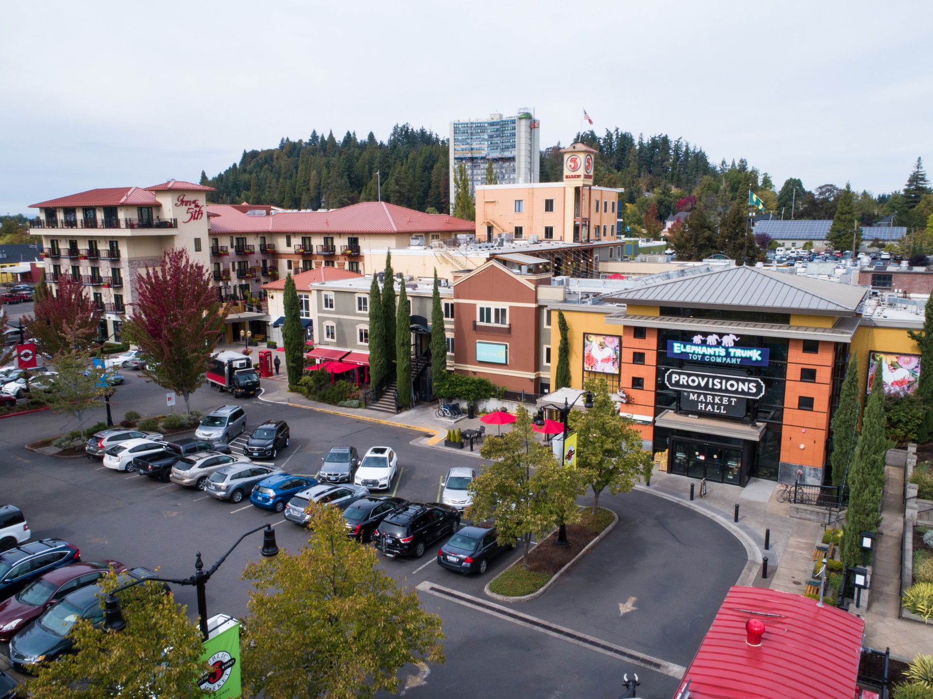View of the 5th Street Public Market Core from above where you can see the shops in the Market Core as well as Inn at the 5th