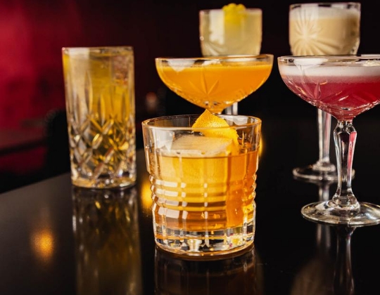 a group of glasses on a table