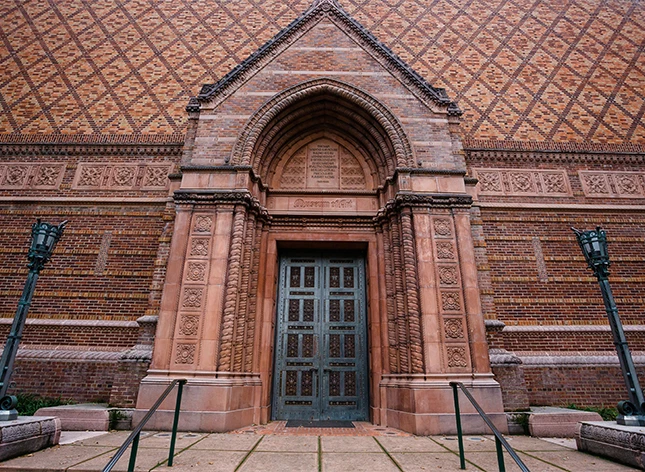 a brick building with a door