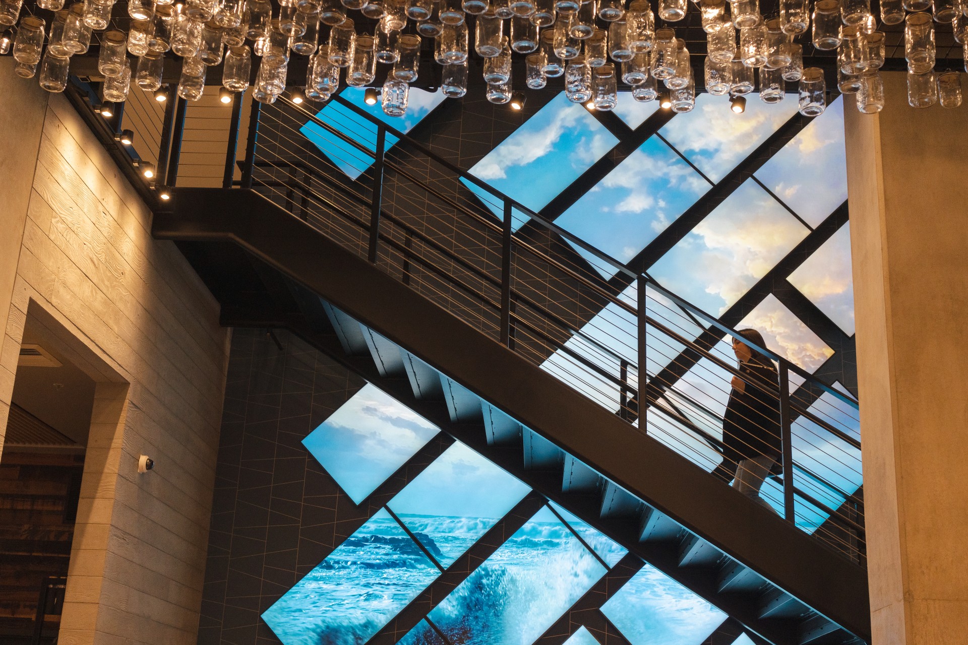 a person walking up a staircase