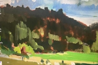 a painting of a forest