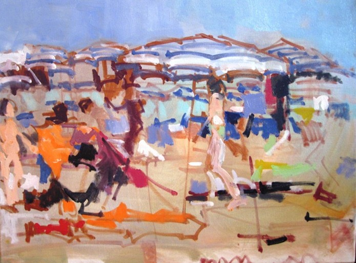 a painting of people walking under umbrellas