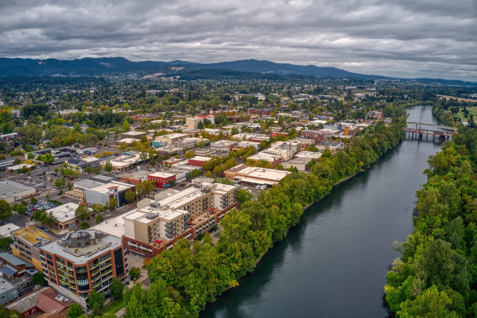 a river with buildings and trees