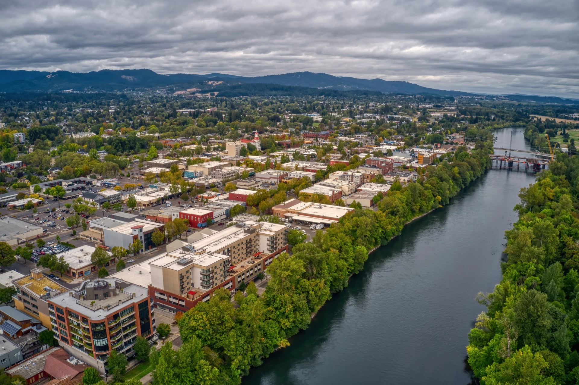 a river with buildings and trees