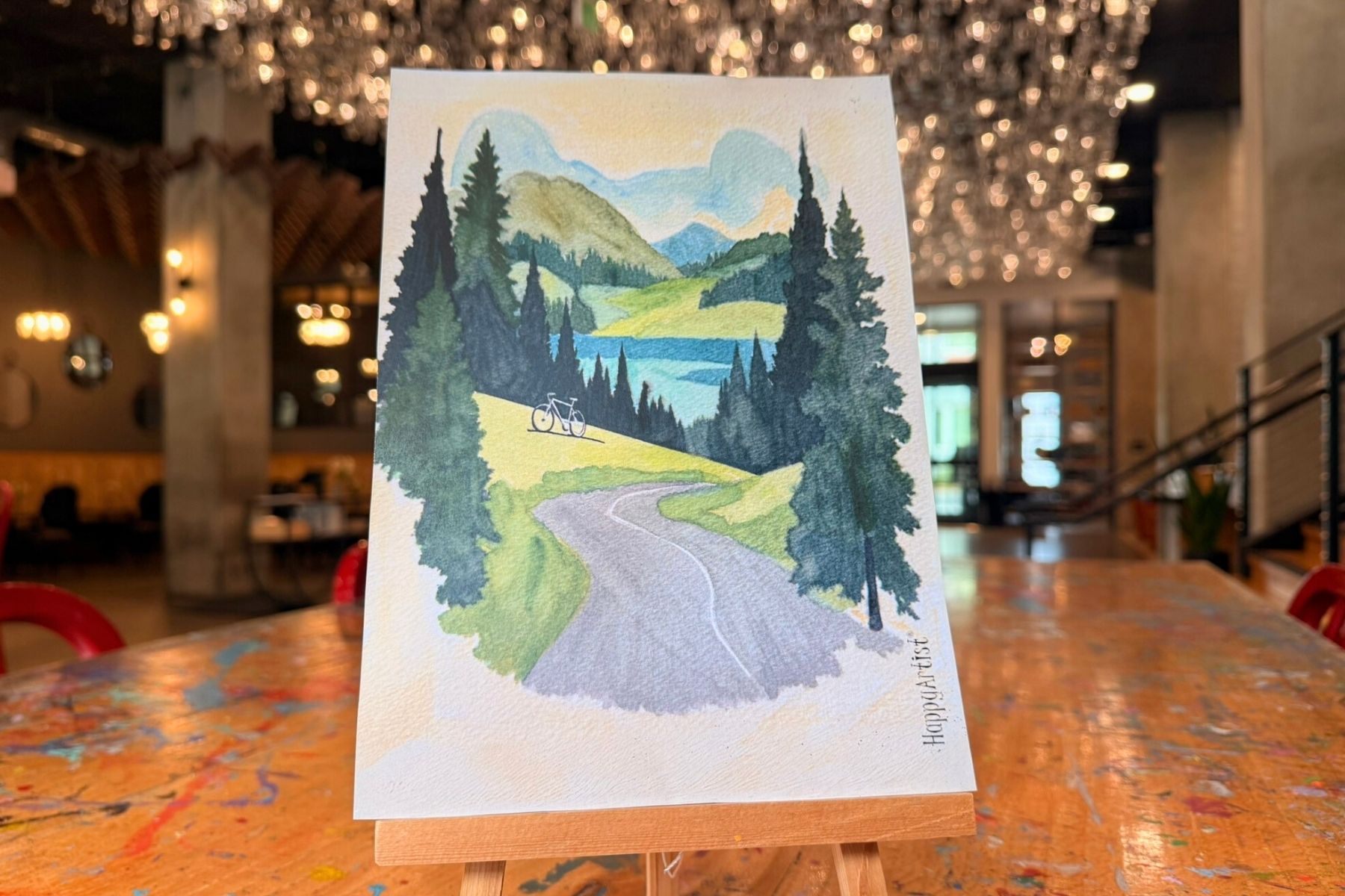 a painting of a road and trees