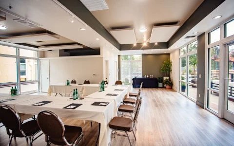 a room with tables and chairs