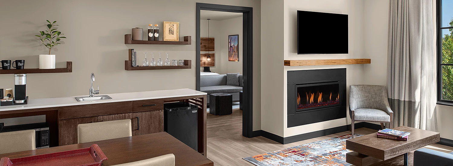 a living room with a fireplace
